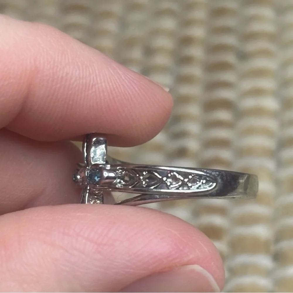 Blue and Clear CZ Silver Tone Cross Ring With God All Things are Possible Size 9 - Picture 6 of 9
